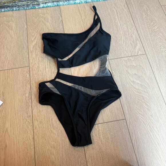 Black and grey one piece swimsuit with mesh details small - Picture 1 of 9